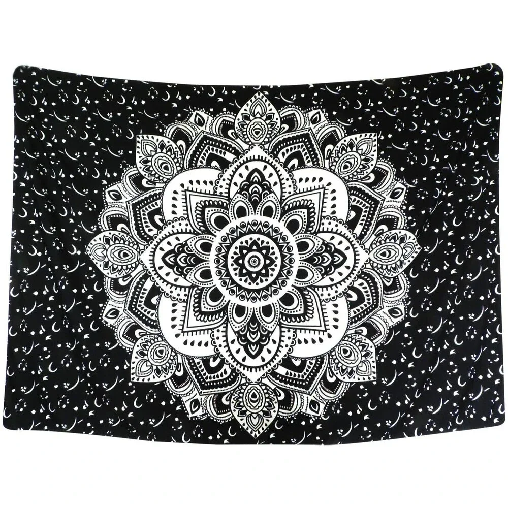 Mandala Tapestry Wall Hanging Black & Gray Wall Art Floral Decorative 51x59 Inch